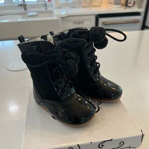 Chic Black Patent Kids Boots with Pom Poms